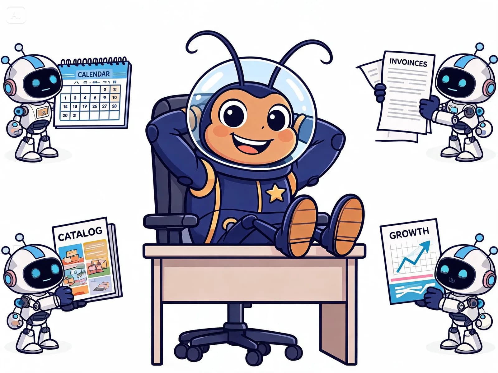 Maskot autoaja santai boss pose, semua diurus 4 AI assistant