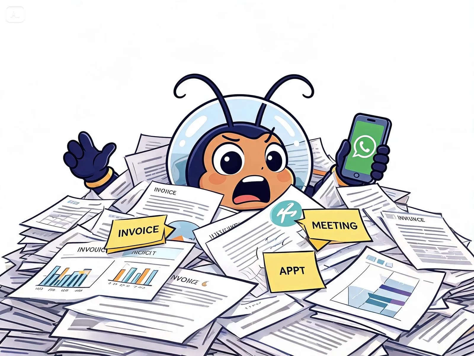 Maskot autoaja tenggelam di bawah tumpukan invoice dan appointment