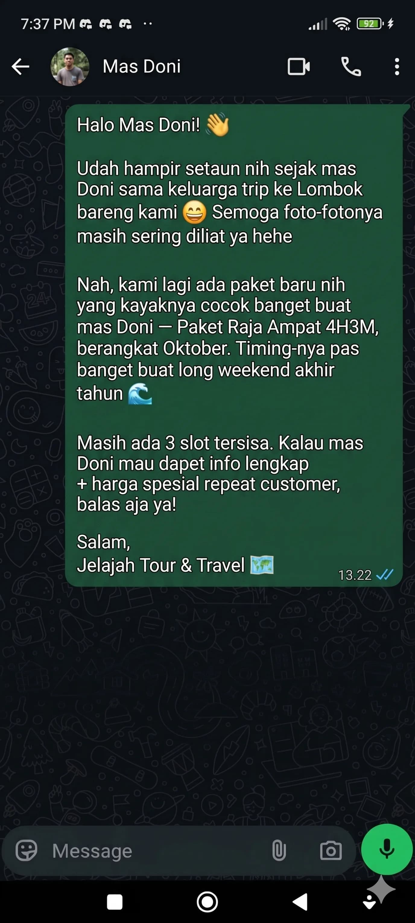 Contoh broadcast personal ke pelanggan tour & travel