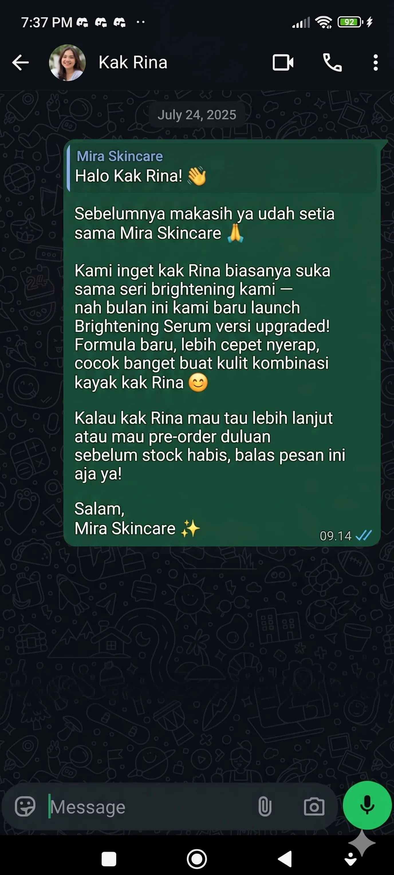 Contoh broadcast personal ke pelanggan skincare